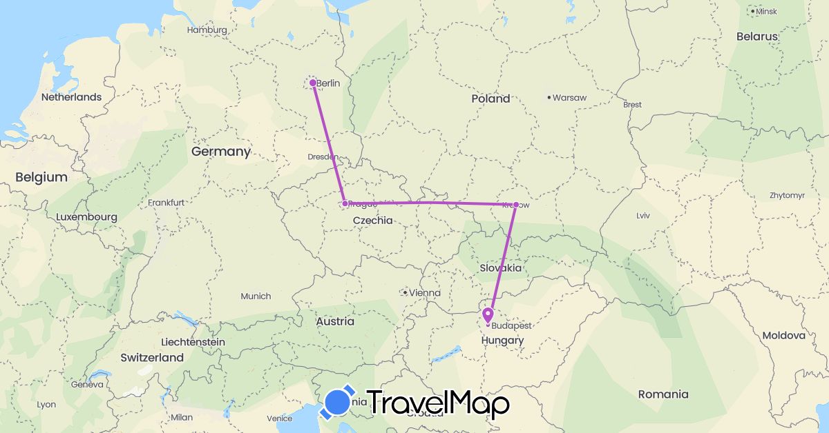 TravelMap itinerary: train in Czech Republic, Germany, Hungary, Poland (Europe)